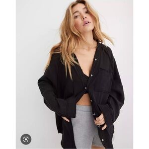 Aerie Pool to Party Black Button Down Gauzey Tunic Top